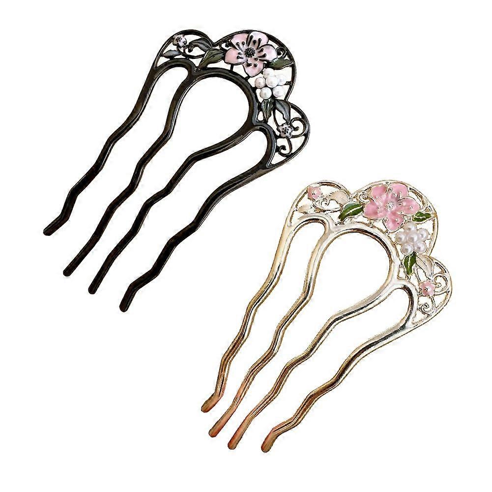 2 Pack Flower Pattern U Shaped Hair Pins for Buns with 4 Prong Pearl Inlay, MultiColor