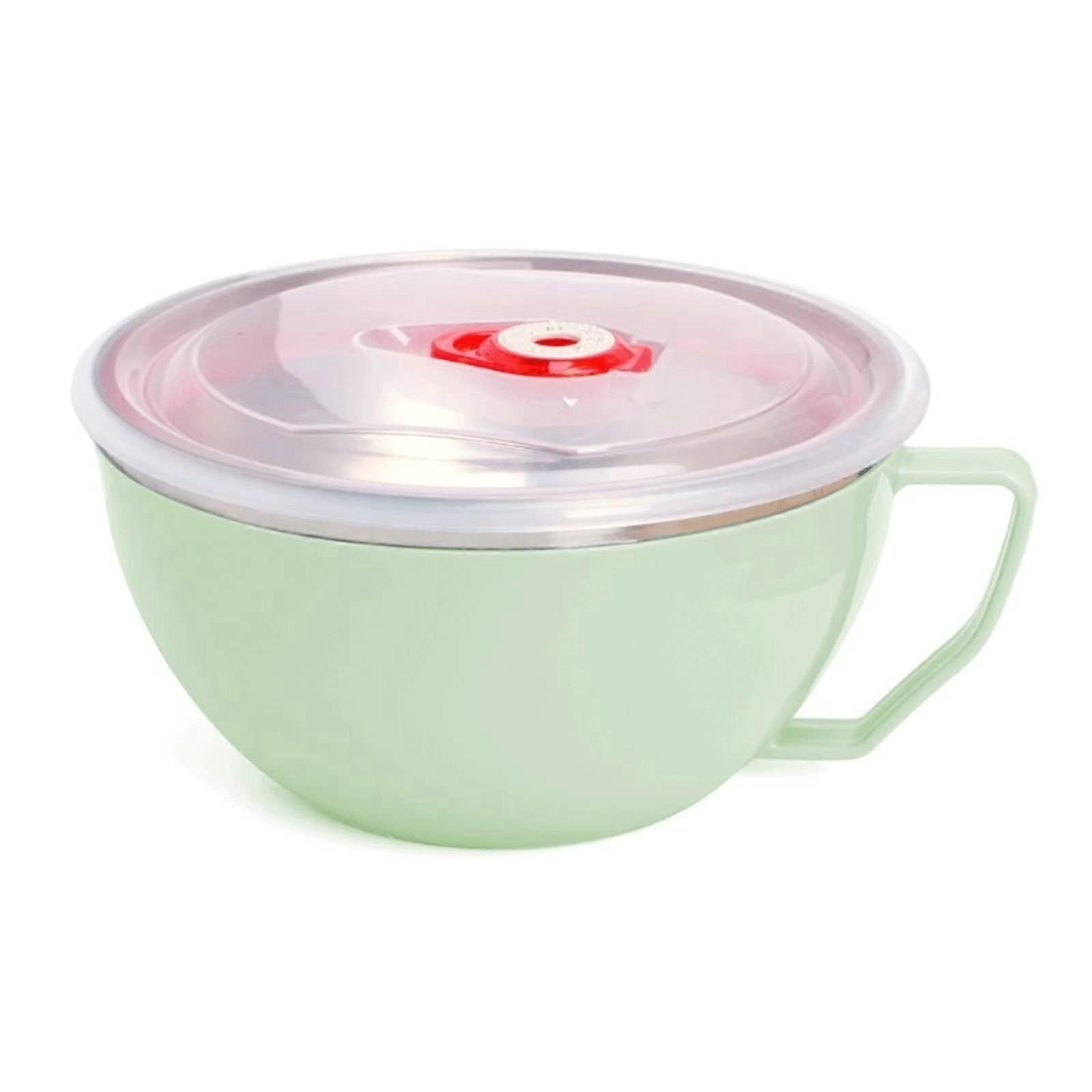 Stainless Steel Noodle Bowl with Handle and Lid, Insulated Rice and Soup Container, Green