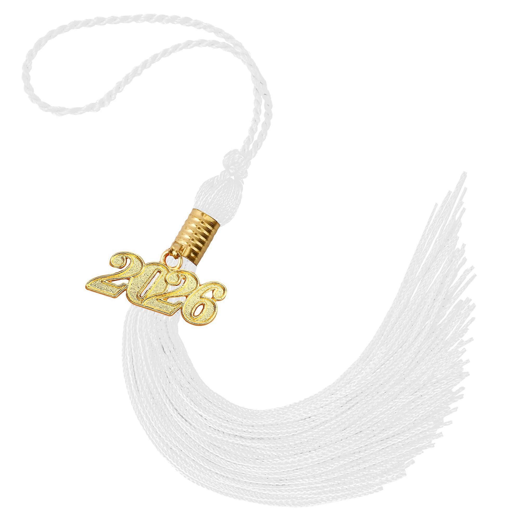 White Graduation Tassel with Gold Year Charm 2026 for Cap and Gown  School and College