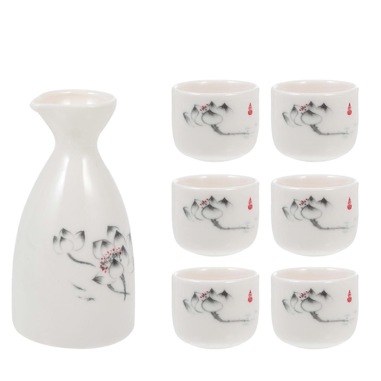 Japanese Style Sake Pot and Ceramic Sake Cups for Serving Set