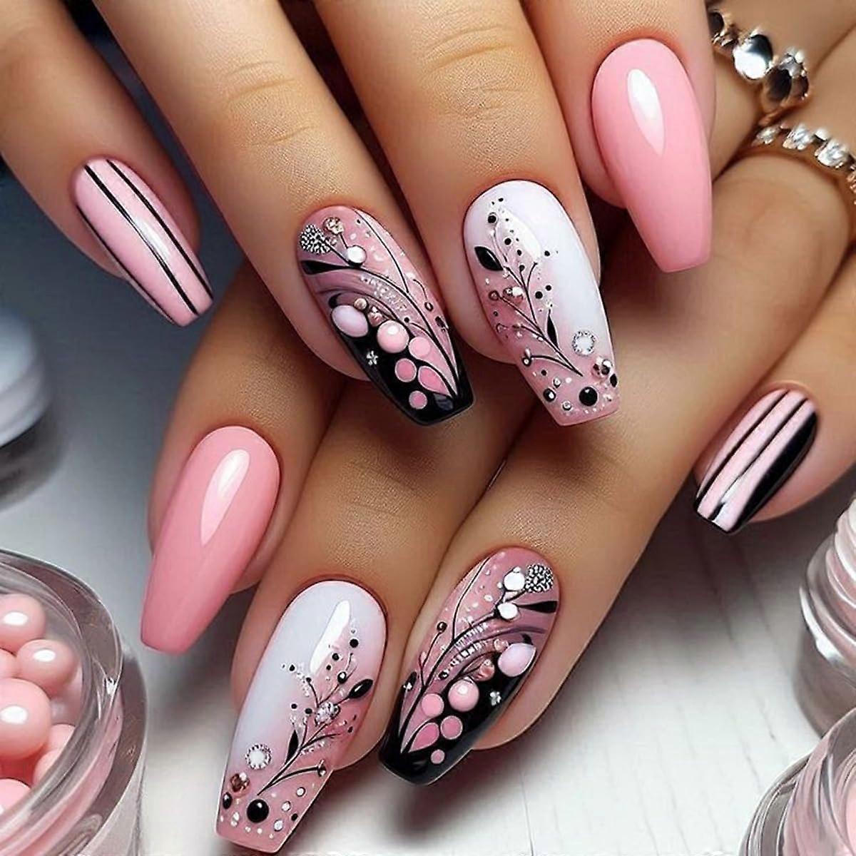 24Pcs Pink Coffin Press On Nails Set Gradient False Nails with Glue Medium Full Cover Reusable