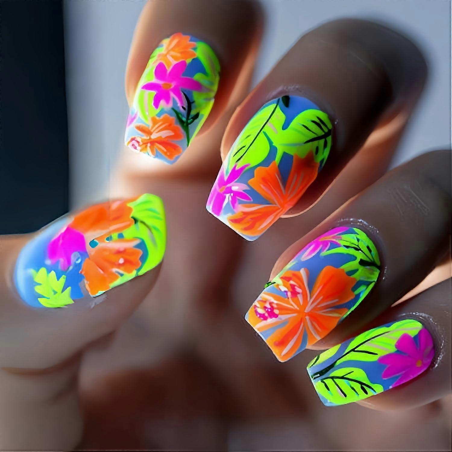 Medium Length Press On Nails with Tropical Leaf Design, Reusable Square Acrylic Fake Nails Set