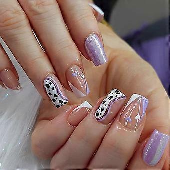 Medium Press on Nails Purple French Tip Fake Nails with Cow Print Design Glossy Glitter Acrylic Set