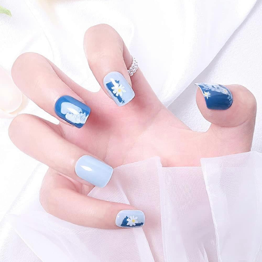 24Pcs Short Square Press on Nails Blue Daisy Full Coverage Glue on False Nails Set for Women