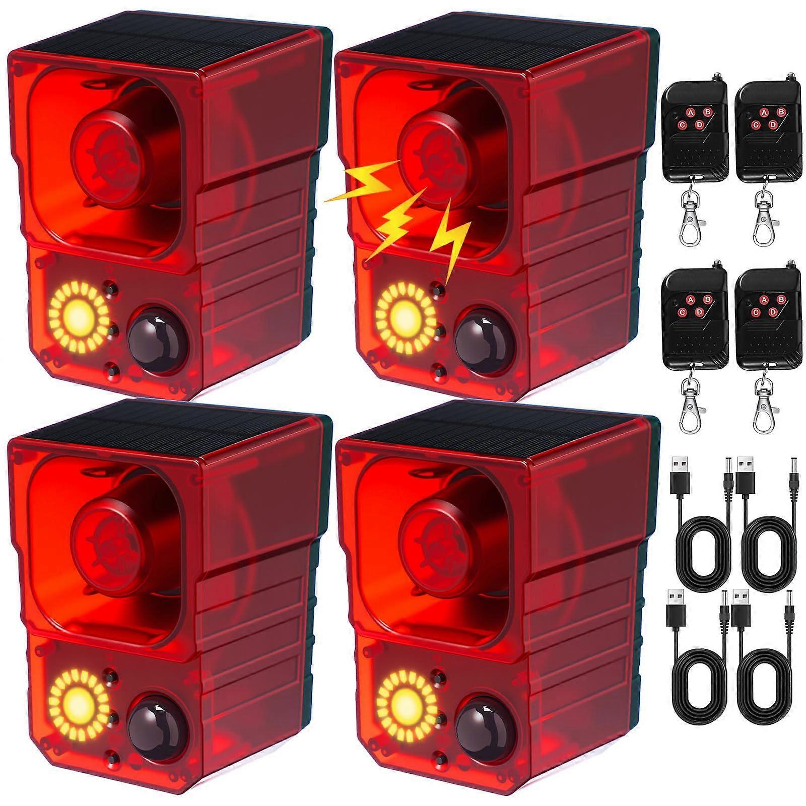 4 Pack Solar Motion Sensor Alarm with Flashing Light, 130dB Outdoor Security Alarm with Remote