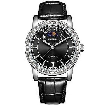 Reloj de pulsera de lujo Kimsun automático con esfera negra, bisel de diamantes y correa de cuero sintético.