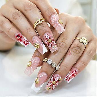 Soft Pink Press On Manicure Nail Set 24 Pieces 12 Sizes with White French Tip, Floral Accent and Easy At Home Styling Daily Use At Home Multicolor
