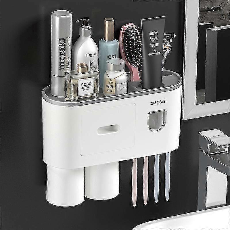 Automatic Toothpaste Dispenser Wall-mounted Squeezer Kit With Toothbrush Holder, 4 Toothbrush Slots With Lid, Multi-function Toothbrush Organizer (2 C