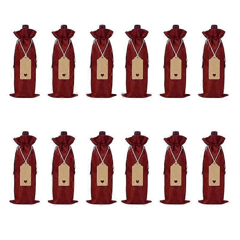 12pcs Burlap Wine Bag with Drawstring (Red)