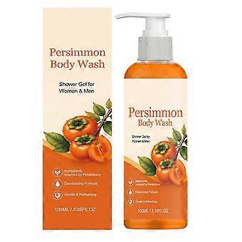 Bagnoschiuma delicato per pelli sensibili con ingredienti naturali, detergente e deodorante al cachi, ideale per i viaggi all'aria aperta.
