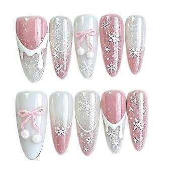 Unhas postiças douradas com tema de Natal, com laços e flocos de neve, 30 unidades, formato amêndoa, com cola para mulheres e meninas.