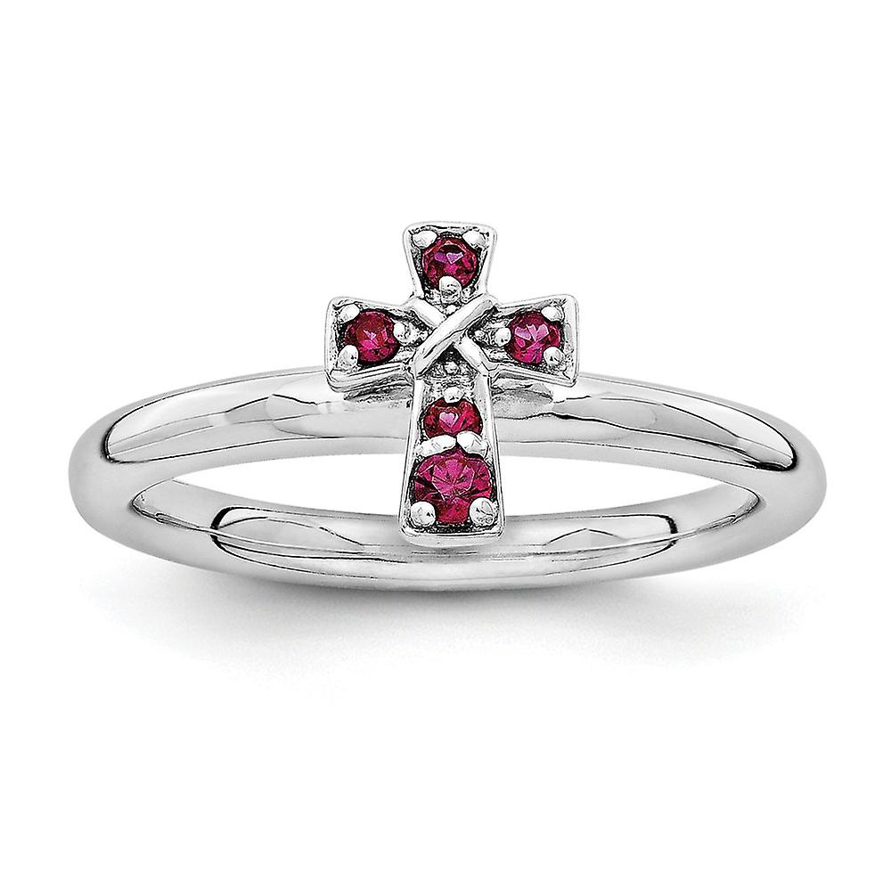 2.25mm 925 Sterling Silver Stackable Rhodium Created Ruby Religious Faith Cross Ring Stackable Ring for Women - Ring Siz