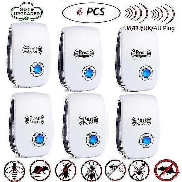 6 חבילת דוחה מזיקים קולית הדברה הדברה אלקטרונית דוחה עכברים יתושים עכברים חולדה לדחות חרקים מקק נמלה עכביש עכביש פרעושים רוצח (ארה"ב / בריטניה / eu / au Plug)