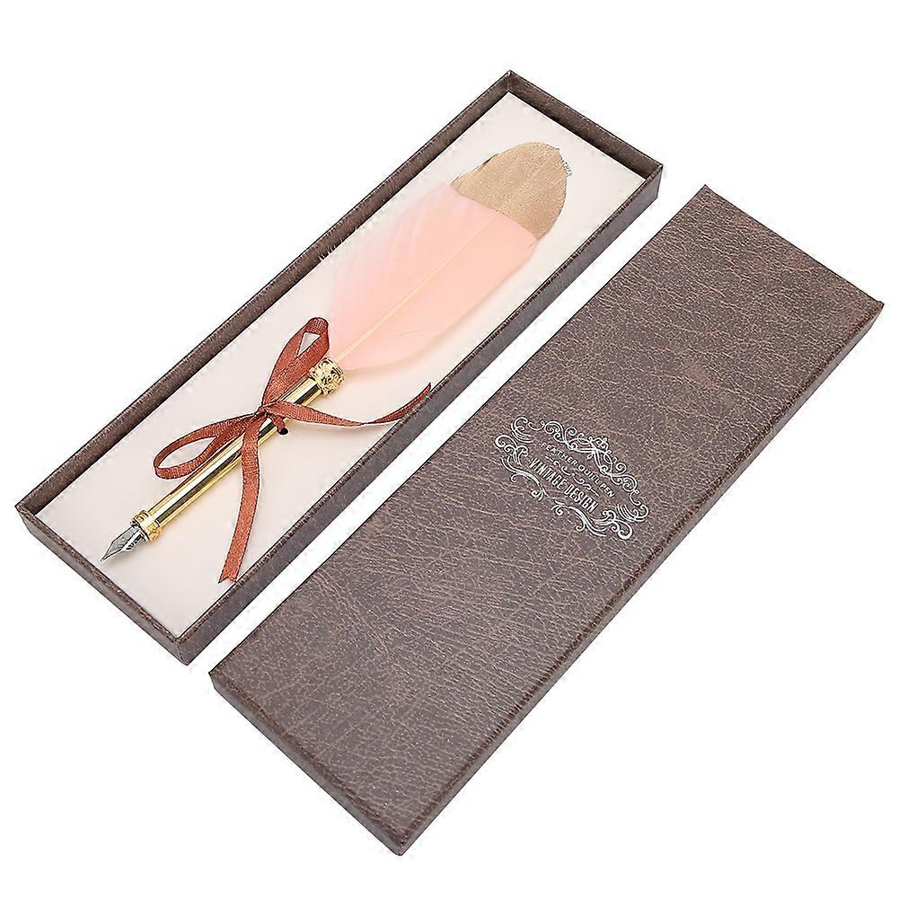 Gold and Pink Feather Pen Business Fountain Dipped in Ink Retro British Fancy Calligraphy