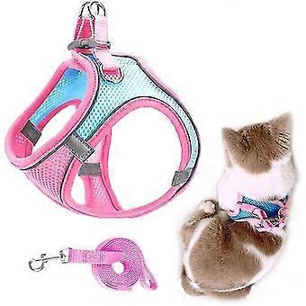 (pink Blue Color Block) Breathable Mesh Dog Harness And Leash With Reflective Webbing For Kittens, Puppies, Rabbits