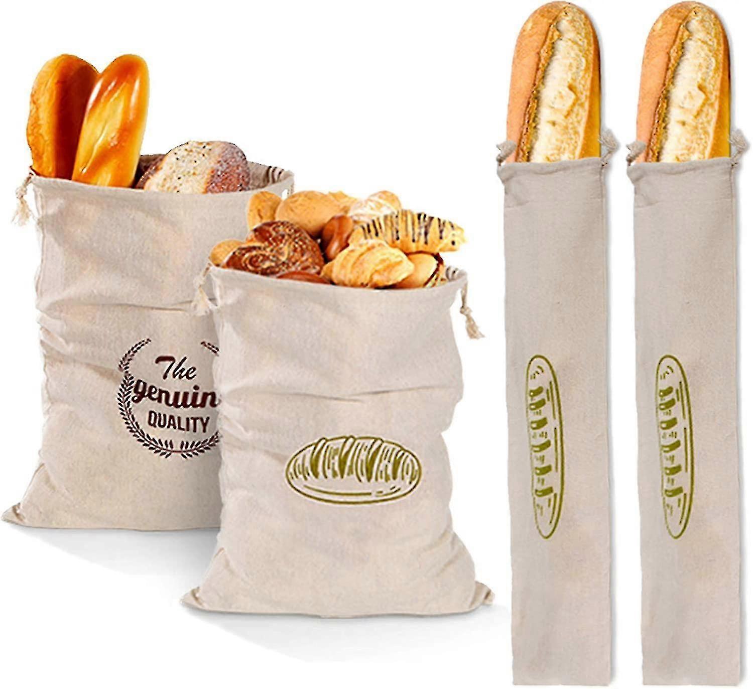 4 stk linbrødposer, brødposer for å holde brød frisk pustende mat drawstring oppbevaringspose for brød naturlig unbleached brødpose for hjemmelaget arti