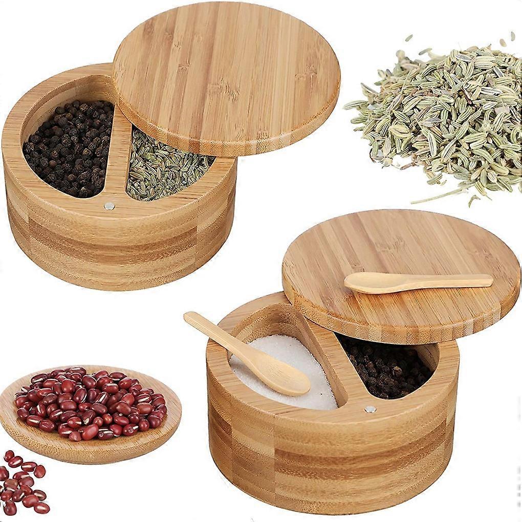 ZK-2 Compartment Spice Box Seasoning Container Sugar Salt Shaker Pepper Condiment Wooden Box Container