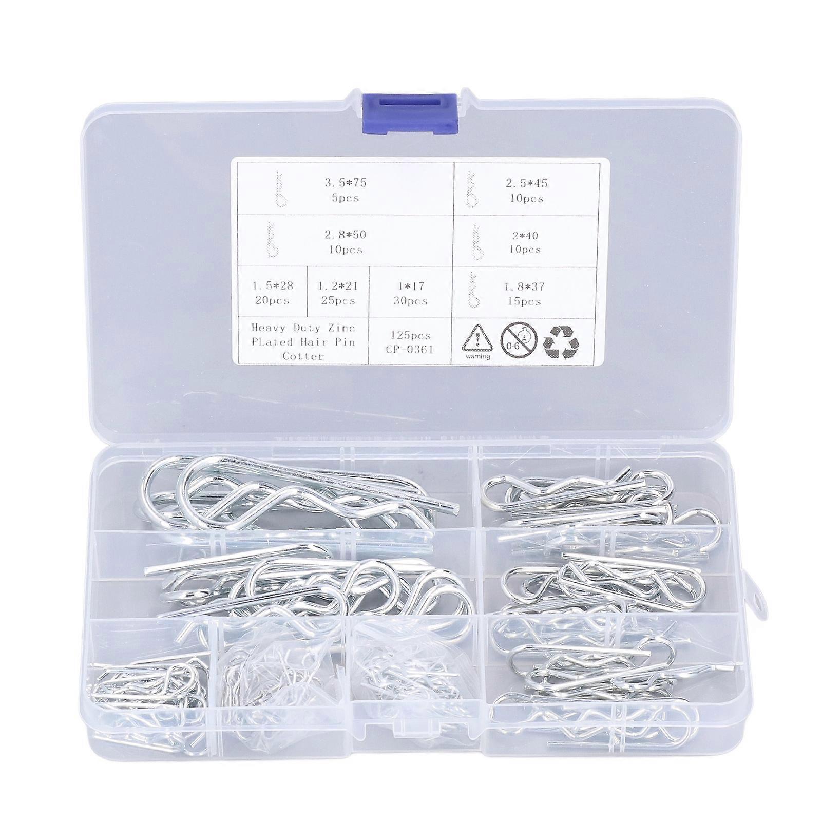 Kit de 125 goupilles fendues type R, épingles à cheveux type B, 8 tailles, assortiment en acier inoxydable, boîte d'emballage transparente