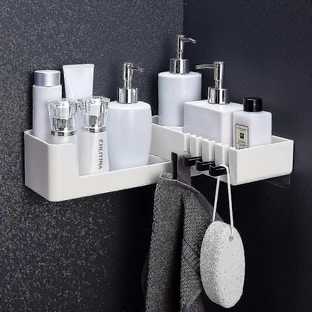 Corner Shelf Shower Basket - Swivel Shower Shelf Self-adhesive Shower Shelf To Attach Without Drilling With 4 Hooks For Bathroom And Kitchen