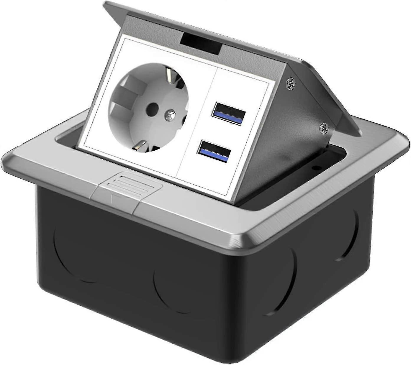 Vandtæt gulvstik Forsænket bordplade 1 stikkontakt 2 USB til desktop (sort sølv)