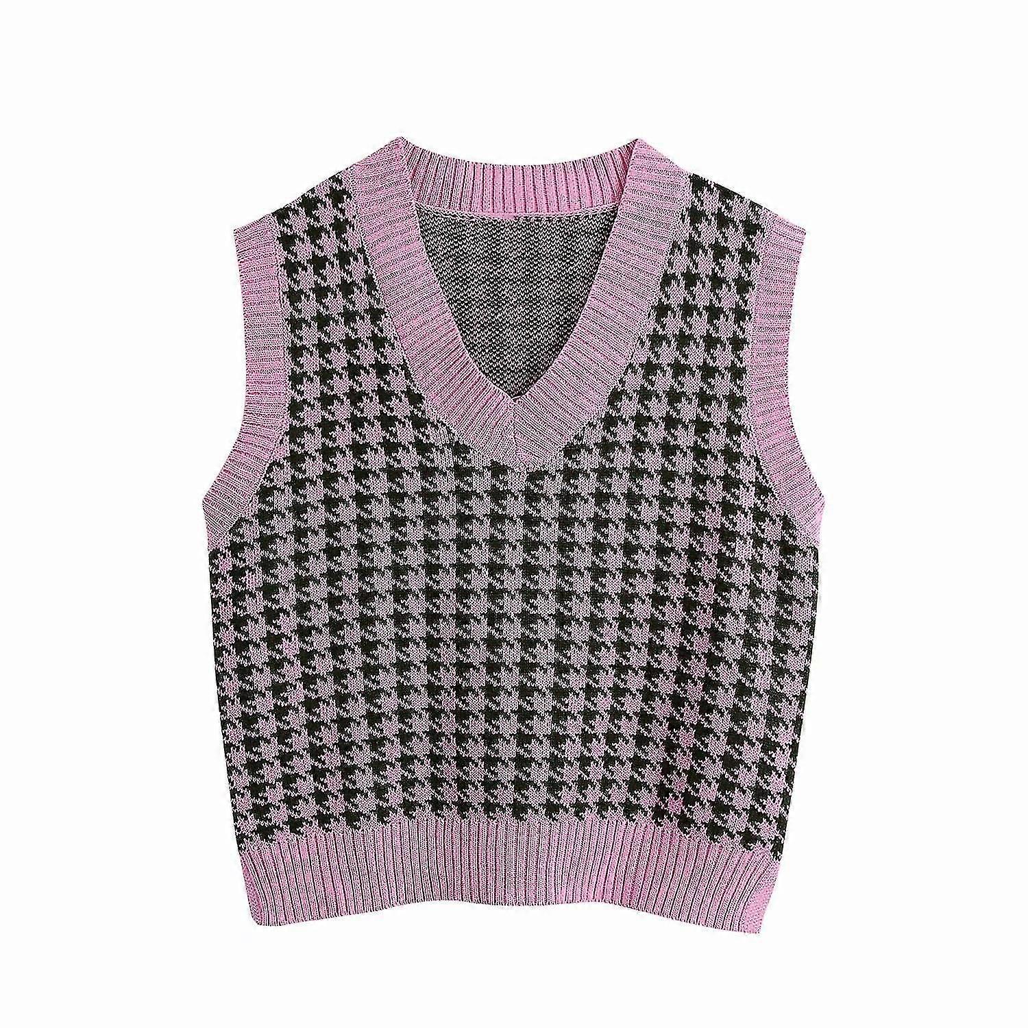 Frauen Strick Pullover Houndstooth Muster Ärmellos Loose V Ausschnitt