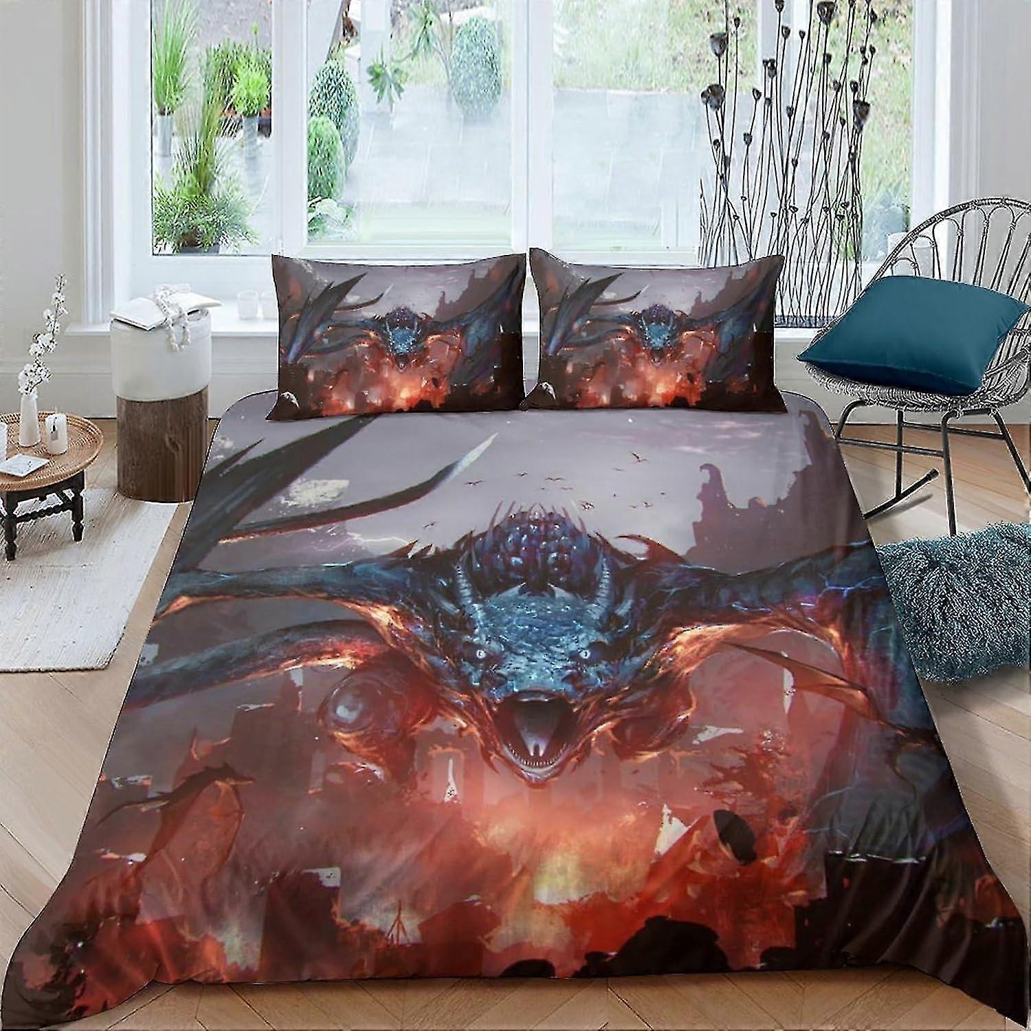 o5709 Lençóis Conjunto de capa de edredom Dragon Conjunto de cama 3D Microfibra Poliéster Capa de edredom com fronhas, conjunto de 3 peças, capa de colcha com zíper King Be