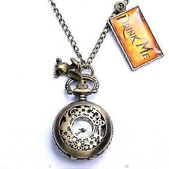 Vintage Drink Me Pocket Watch Necklace Quartz Watch Alice in Wonderland Rabbit