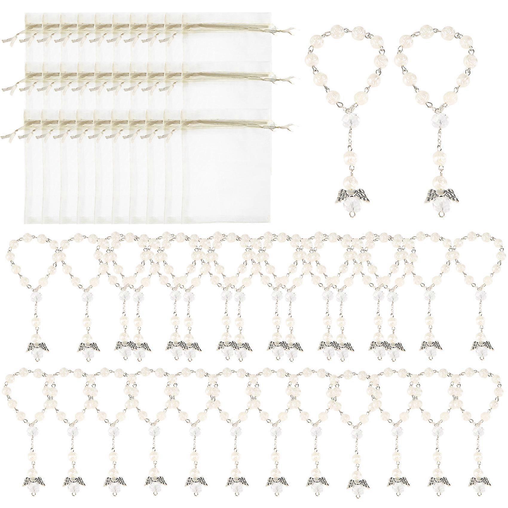 30 Pcs Baptism Acrylic Rosary Beads Mini Rosaries Angel with Organza Bags for The First Communion Baptism Party Favors