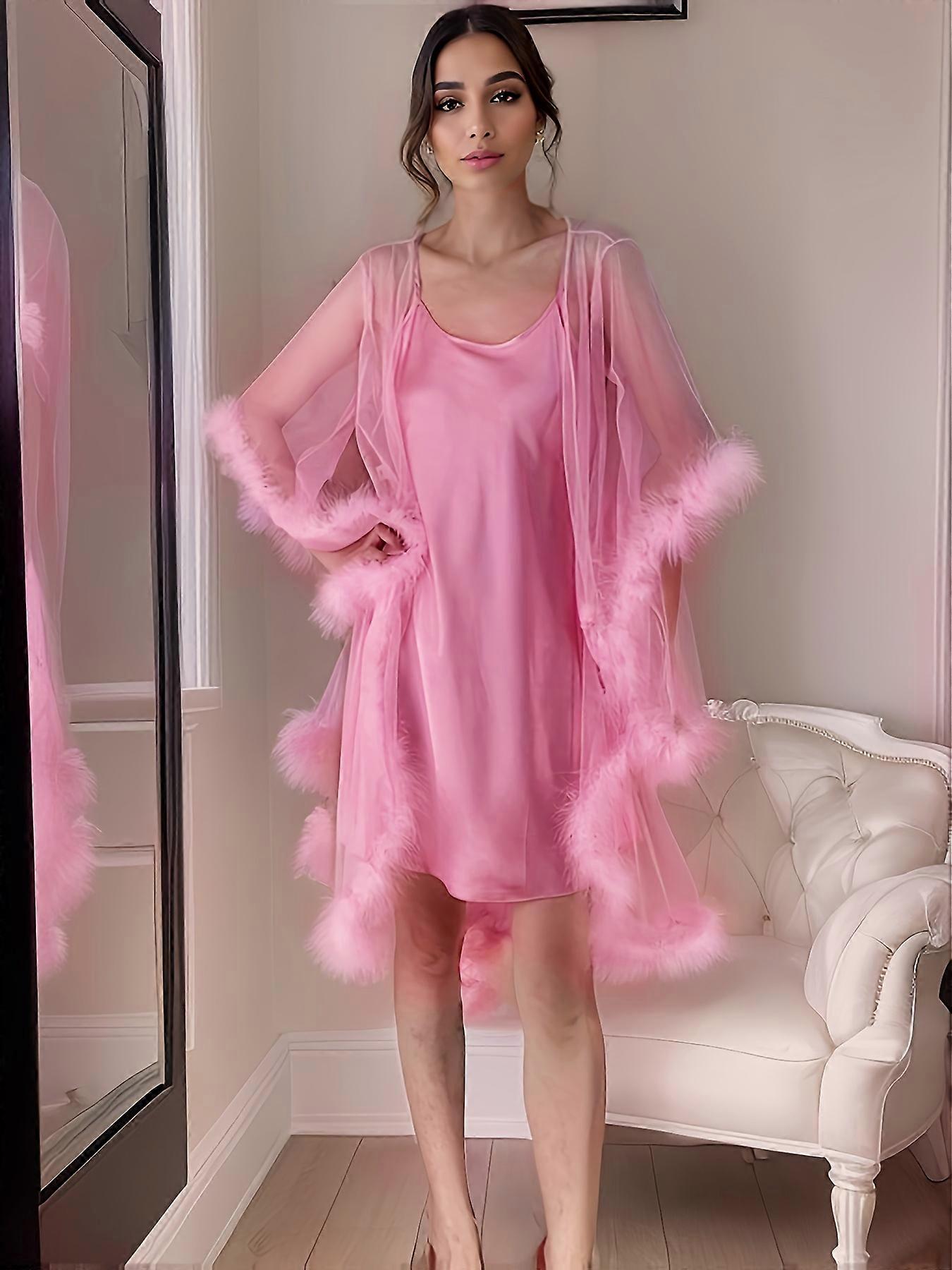 New style Fuzzy Trim Mesh Lingerie Set, V Neck Backless Slip Dress & Semi Sheer Bell Sleeve Semi Sheer Sleep Robe, Women's Sexy Lingerie & Underwear