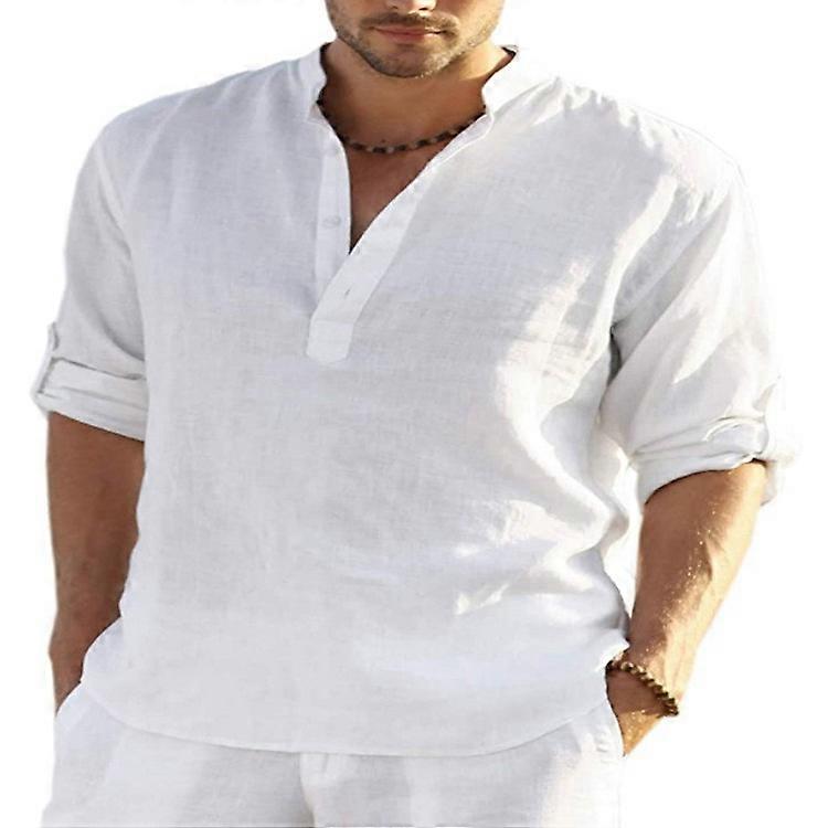 2024 Men's Loose Men's Fashion Stand-up Collar Half-open Shirt Solid Color Long-sleeved Cotton Top Large Size Shirt