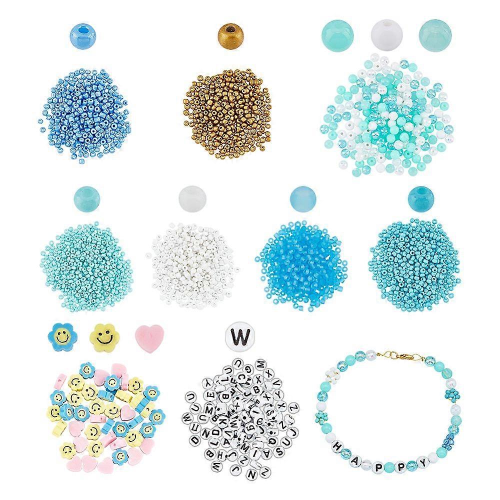 DIY Beads Making Finding Kits Including Round Glass Seed & Letter Acrylic & Smiling Face Polymer Clay Beads Mixed Color 3~10x9~10x1.5~6mm 1666pcs/box