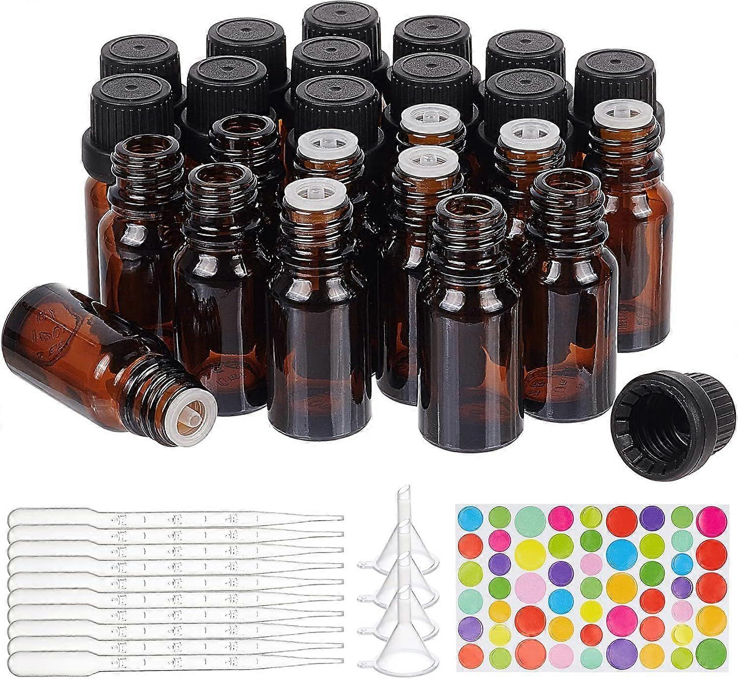 24 Pack 10ml Brown Glass Essential Oil Bottles Refillable Container Kits with Plastic Droppers Funnel Hoppers and Sticker for Aromatherapy Fragrance C
