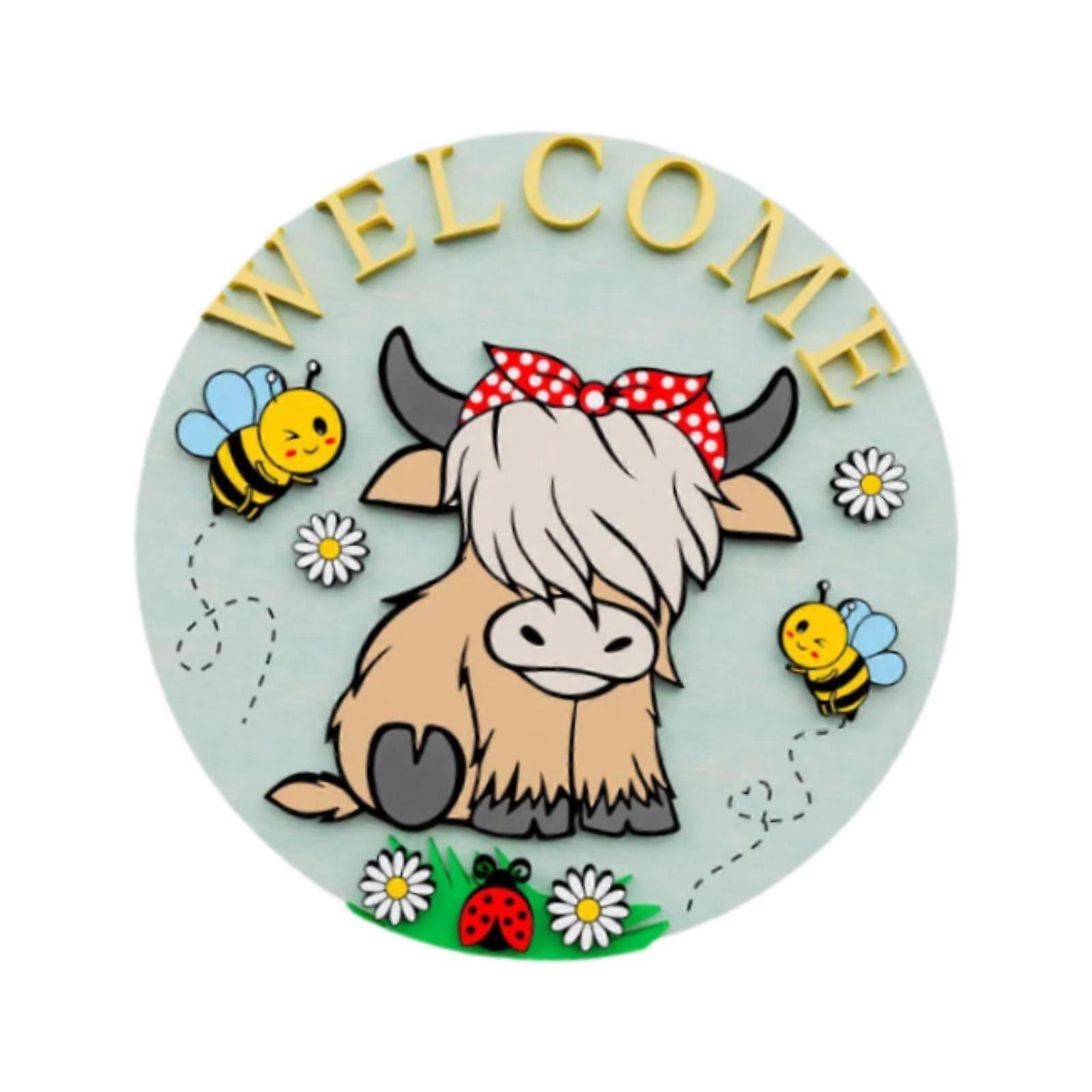 Placa de Madeira de Vaca Highland Redonda para Porta da Frente Escritório Interno com Nó de Boto Branco