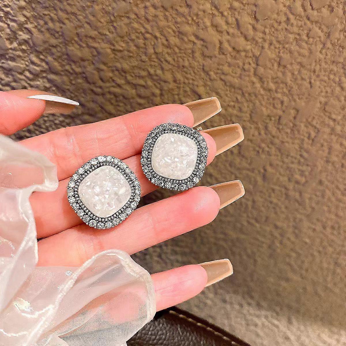 French Elegant Premium Beige Cracked Double Layer Rhinestone Earrings