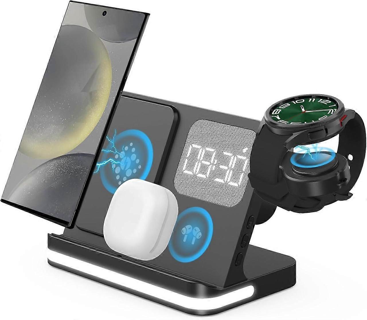 4 in 1 Wireless Charger with Alarm Clock Compatible for Galaxy Watch 7/Ultra/FE/6/5 Pro Galaxy S25/Ultra/S25+/S24/S23/Note 20/Z Flip 6/5 Fold 6/5 Gala