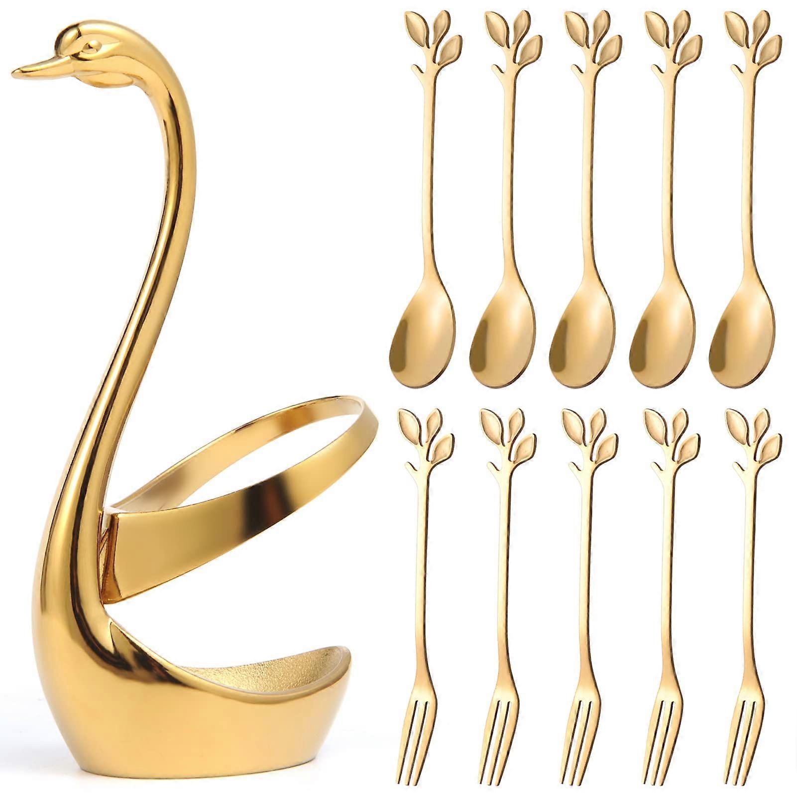 Coffee Spoon and Fruit Forks Set of 10 with Gold Swan Base Holder and 4.7 Inch Gold Leaf Handle