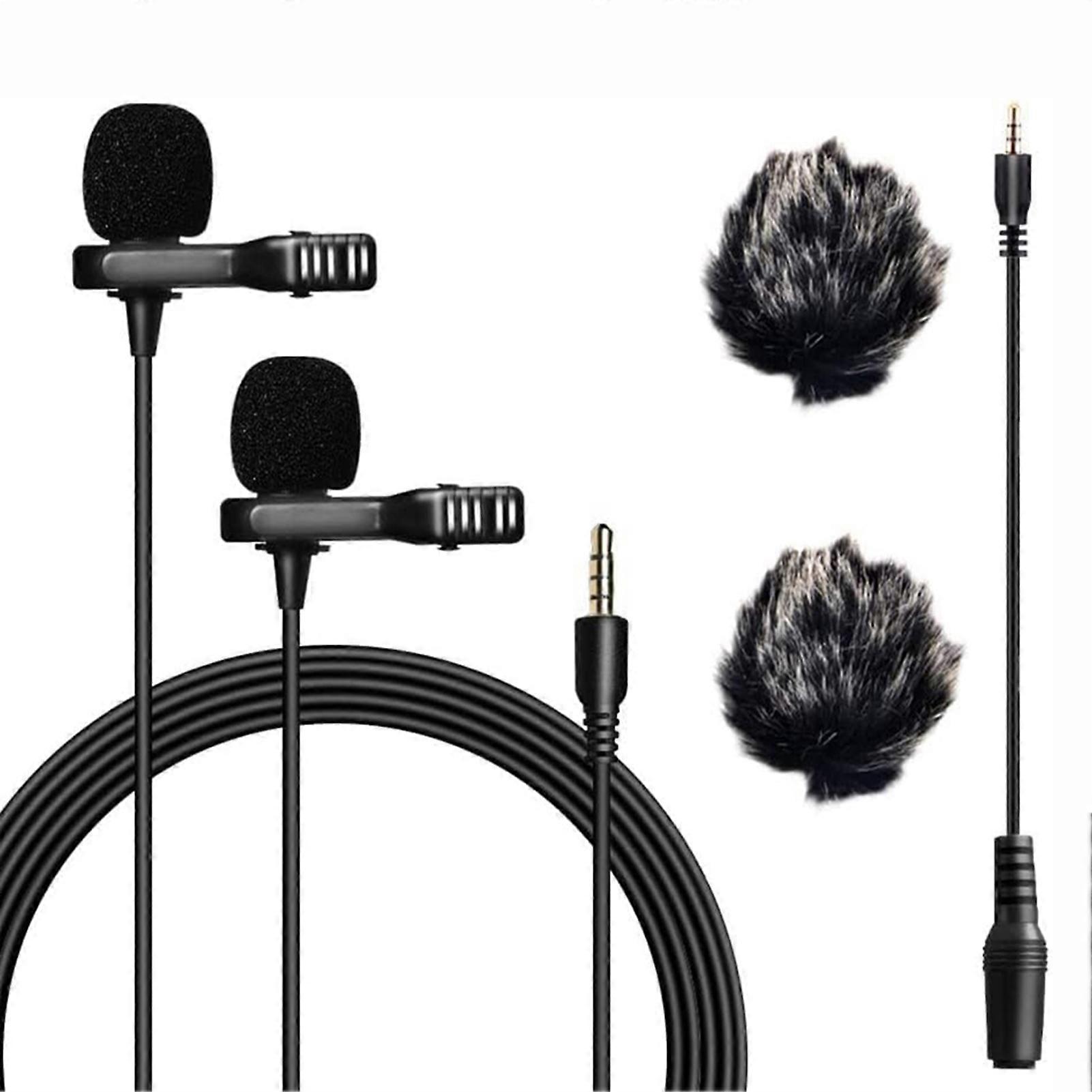 Dual-Head Lavalier Lapel Microphone with 2 Windscreen Muffs for DSLR Camera Camcorders Tablet Smartphone Audio Recorder