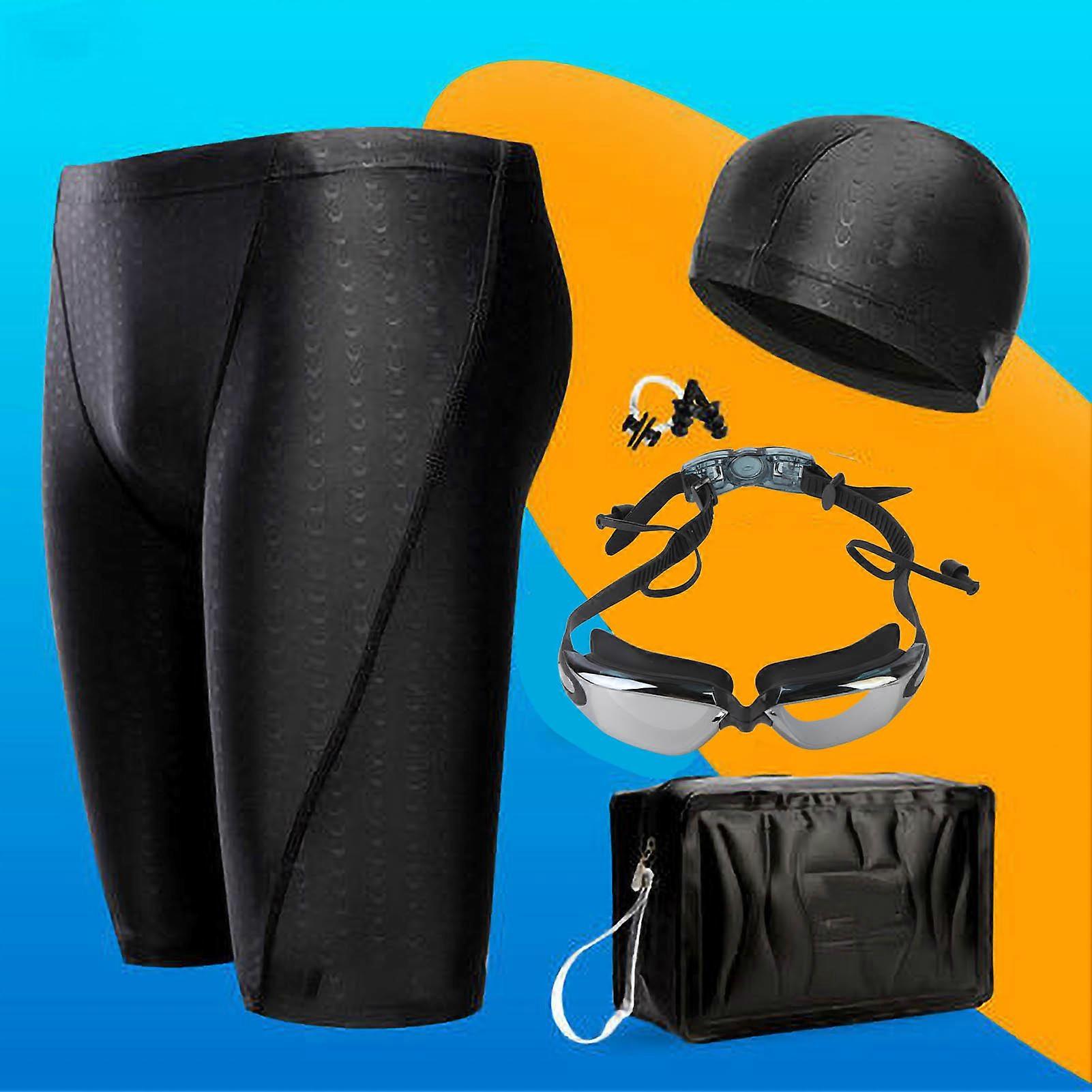 Swimming Equipment Breathable Elastic Swimming Trunks Hat Nose Clip Earplug Set with Storage Bag for Men L