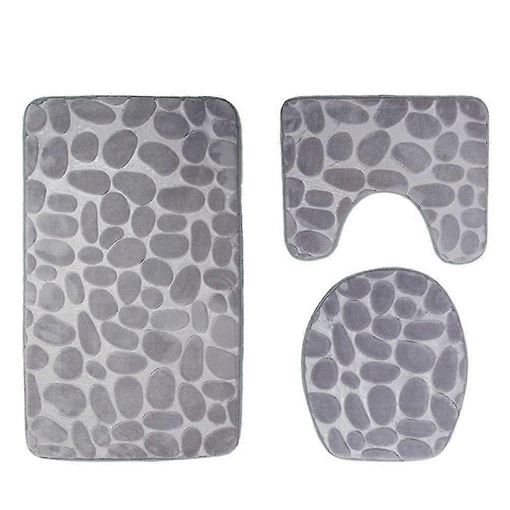 3 stk / sett 3D Cobblestone Design støvtett vannabsorberende baderomsmattesett for hjemmebruk (grå)