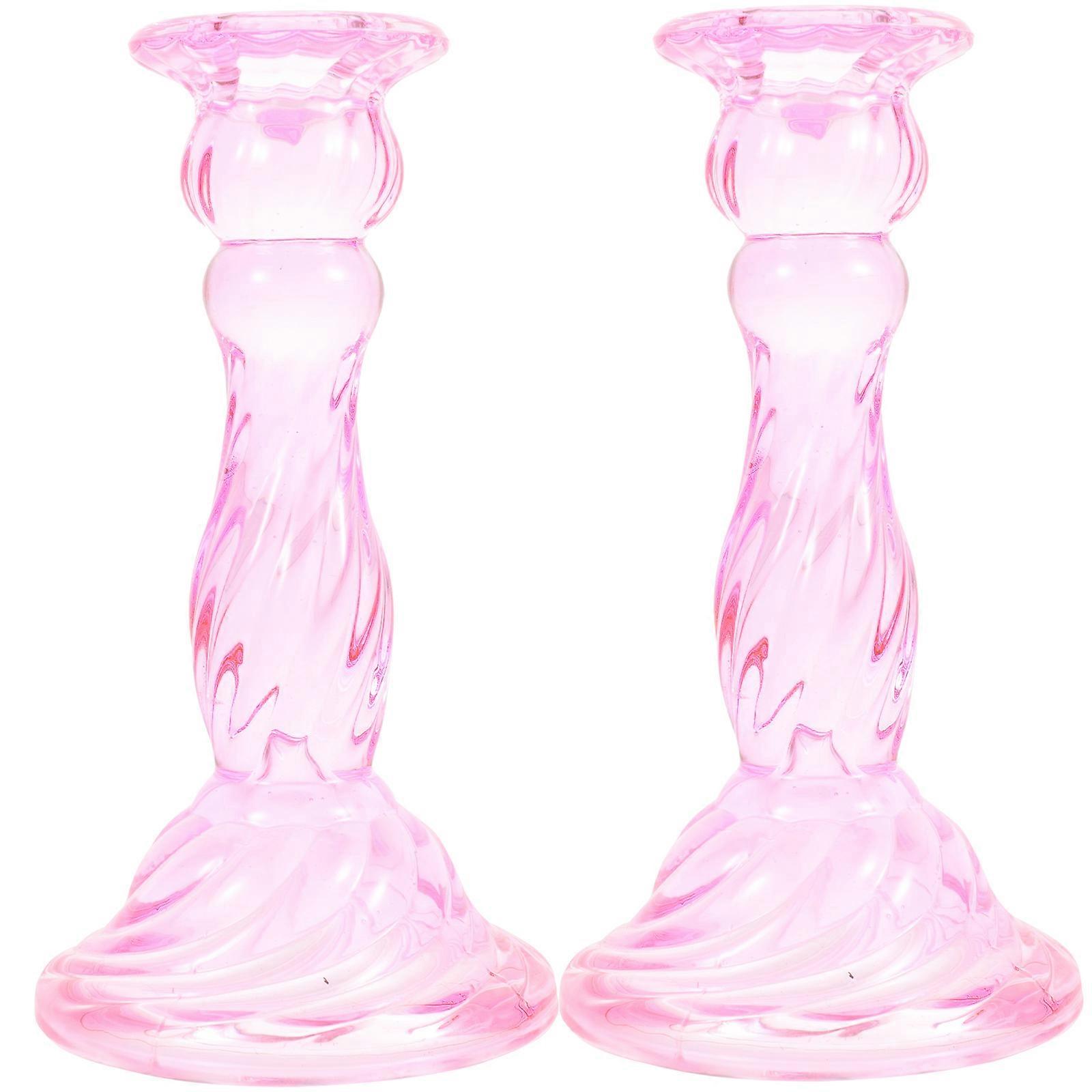 Decorative Candlestick Stand Glass Candle Holders Simple Style Romantic Candlelight Dinner Pink 8.5X16.5CM 2Pcs