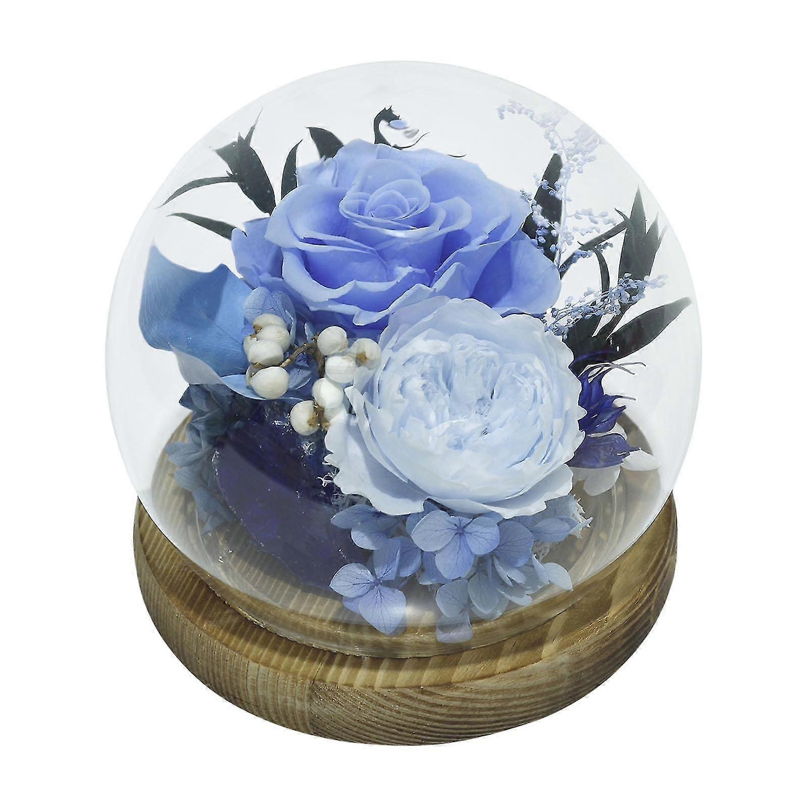 Light up Rose in Glass Dome with Wood Base Home Decor Women Preserved Flower Champagne