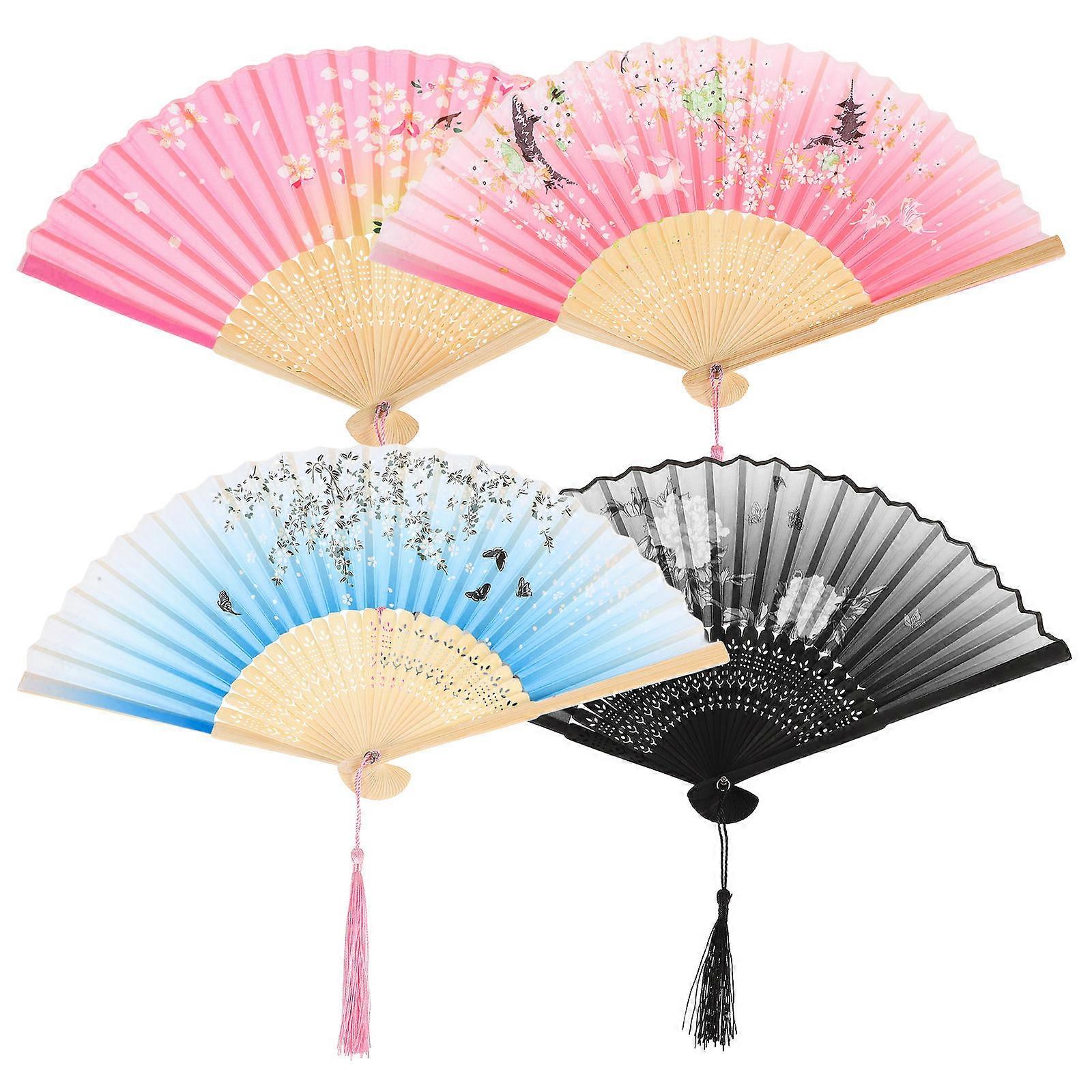 Chinese Dance Hand Fans Silk Material Traditional Dances 4Pcs