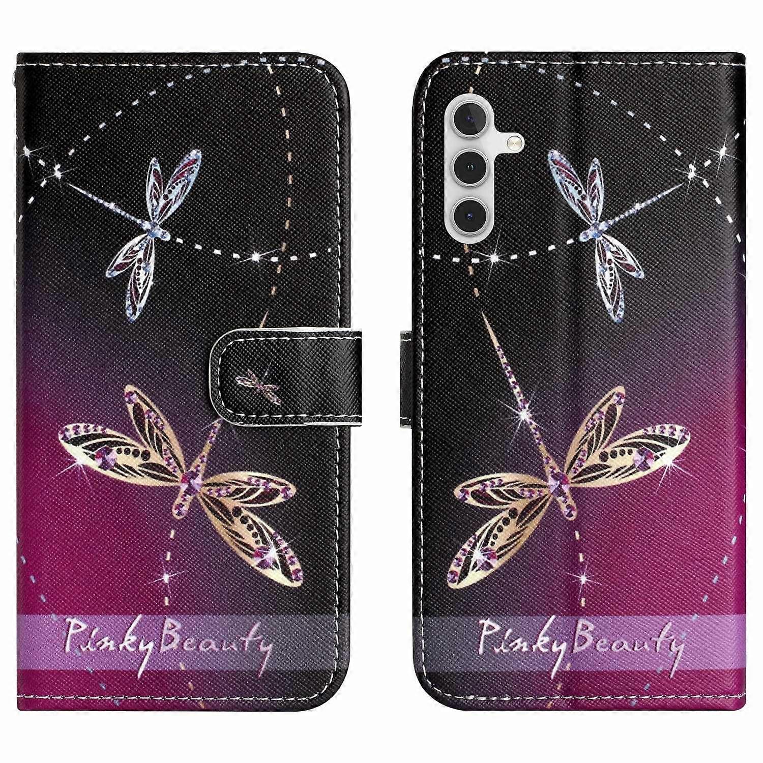 For Samsung Galaxy S25 FE Case Pattern Print PU Leather Wallet Phone Cover Cross Texture - Dragonfly