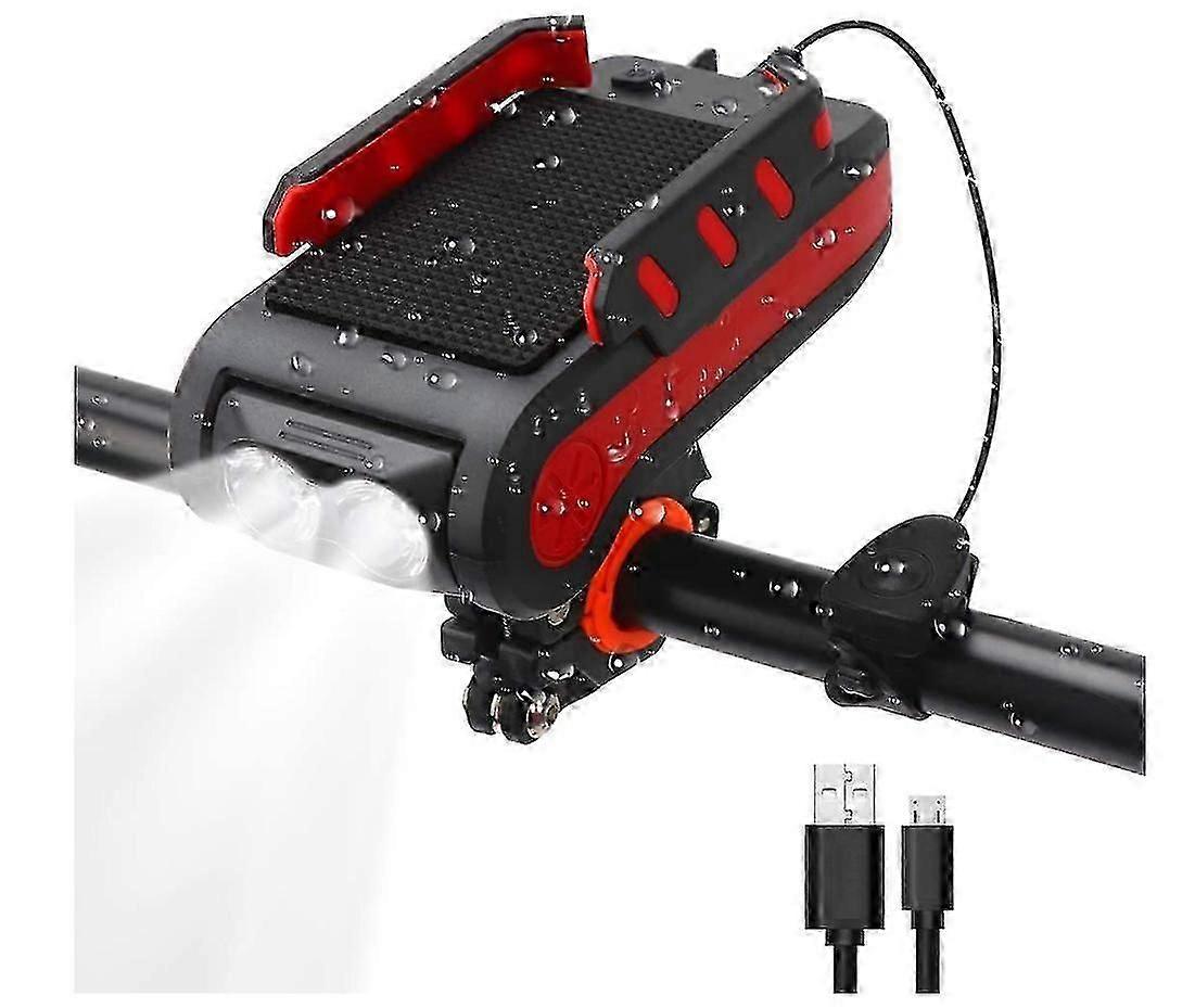 4 in 1 Ön Bisiklet Işık USB Şarj Edilebilir İşlevli Bisiklet Far Cep Telefonu Tutucu ile 4000 mAH Güç Bankası Bisiklet Zili (Kırmızı)