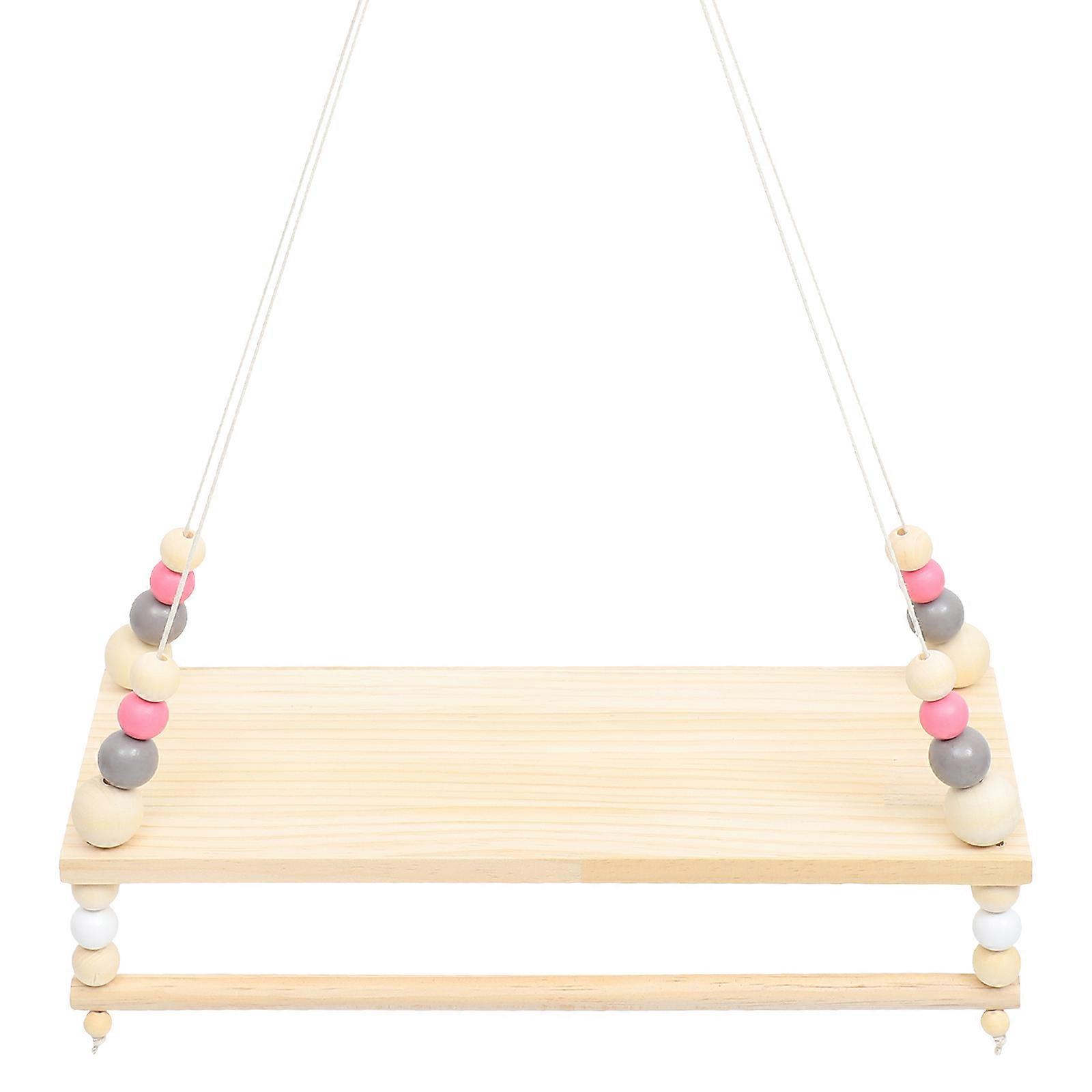 Sturdy Wooden Bead Wall Hanging Shelf with Nylon and Wood Organizer for Bedroom – Space Saving Double Storage for Books, Succulents, and Essentials