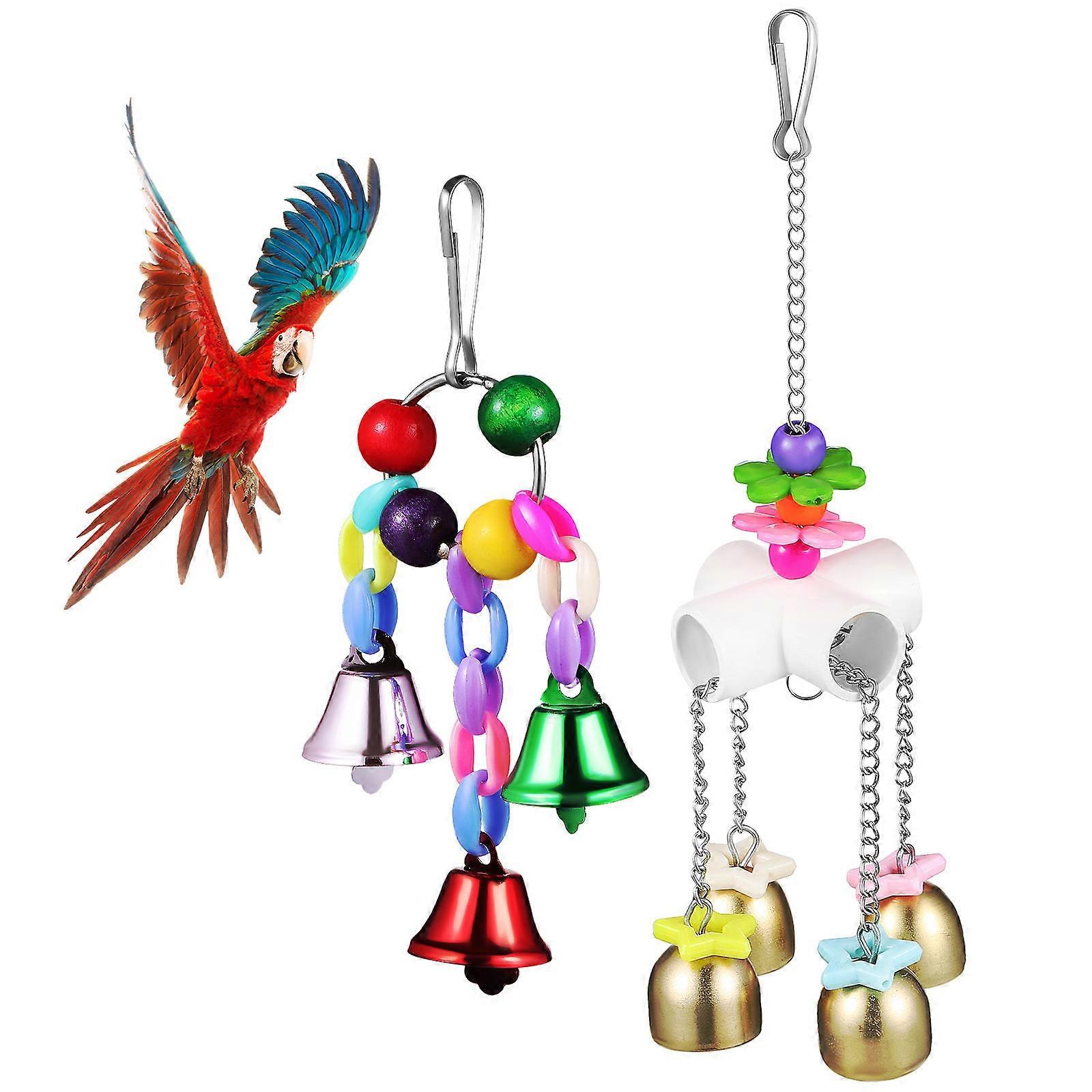 Colorful Parrot Bell Hanging Bird Cage Ringing Bell for Parakeet Conure Macaw Fun Bite with Chain Hook for Entertainment Exercise