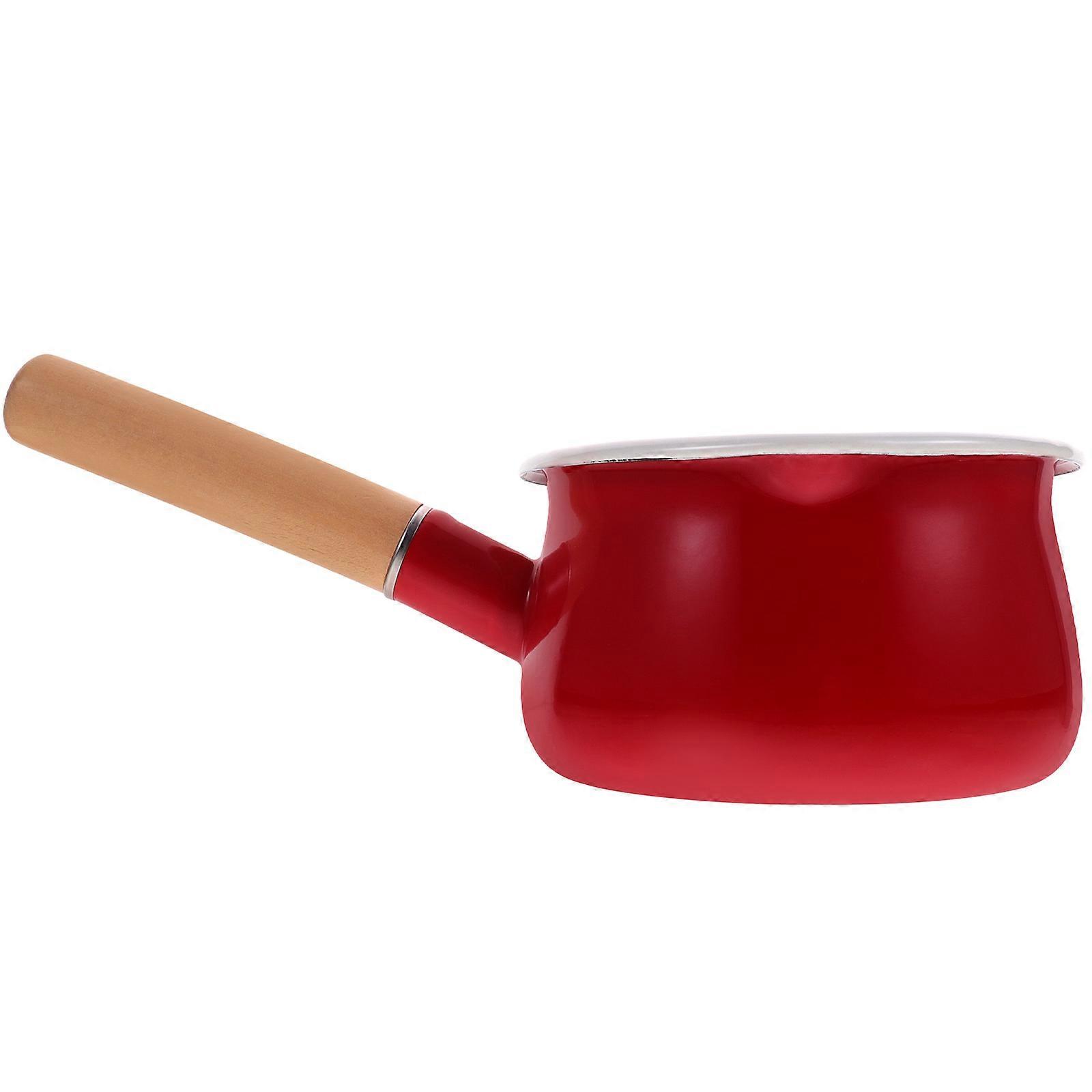 Red Enamel Milk Pot with Spout and Wooden Handle, Non Stick Saucepan for Milk, Soup, Sauces, and Food Heating, Heat Resistant Kitchenware