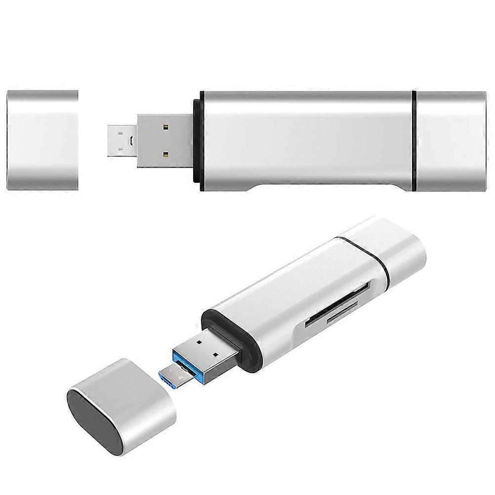 Portable 3 in 1 TypeC Micro USB Reader for Phone with Memory Card Slot Silver Aluminum Alloy
