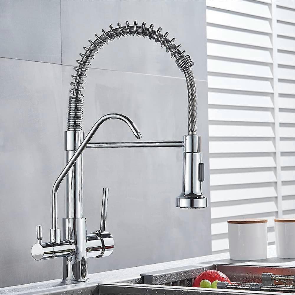 Chrome Kitchen Sink Faucet With Built-In Water Filter, Dual Outlet, Hot And Cold Water Mixer Tap