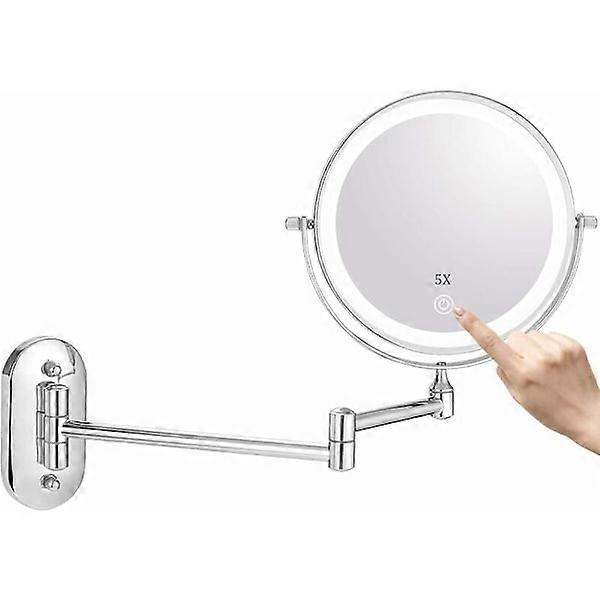 LED Illuminated Wall Mounted Makeup Mirror with 1x/5x Magnification, Dimmable with Touch Button, Adjustable Light, 360° Rotatable